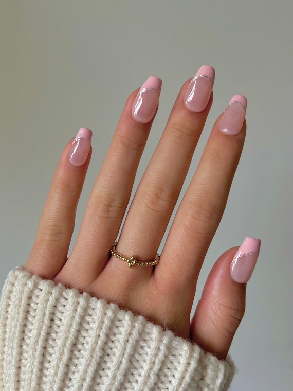 Short coffin nails in baby pink Glue is sold... - Depop