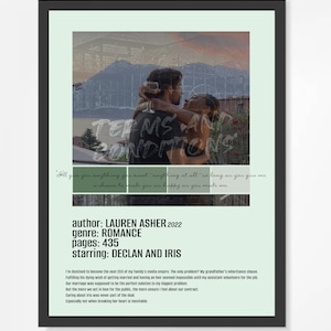 May include: A framed book cover for "Terms and Conditions" by Lauren Asher. The cover features a couple embracing, with text overlayed. The book's genre is romance, with 435 pages, starring Declan and Iris.
