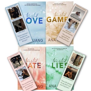 Puede incluir: Una colecci&oacute;n de novelas rom&aacute;nticas con los t&iacute;tulos "Twisted Love", "Twisted Game", "Twisted Hate" y "Twisted Lies". Cada portada presenta un dise&ntilde;o &uacute;nico con el t&iacute;tulo de la serie y el nombre del autor. Se incluyen marcadores con citas y nombres de personajes.