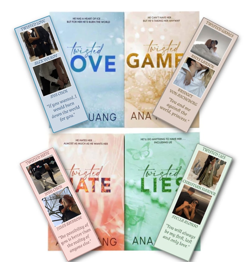 Puede incluir: Una colecci&oacute;n de novelas rom&aacute;nticas con los t&iacute;tulos "Twisted Love", "Twisted Game", "Twisted Hate" y "Twisted Lies". Cada portada presenta un dise&ntilde;o &uacute;nico con el t&iacute;tulo de la serie y el nombre del autor. Se incluyen marcadores con citas y nombres de personajes.