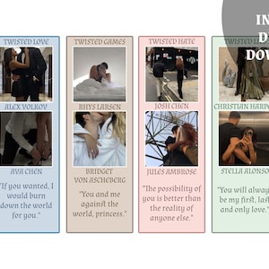Puede incluir: Un gr&aacute;fico de descarga digital con cuatro portadas de libros con temas rom&aacute;nticos. Cada portada muestra una foto de una pareja y el t&iacute;tulo del libro. Los t&iacute;tulos son "Twisted Love", "Twisted Games", "Twisted Hate" y "Twisted Lies". Cada portada incluye una cita.