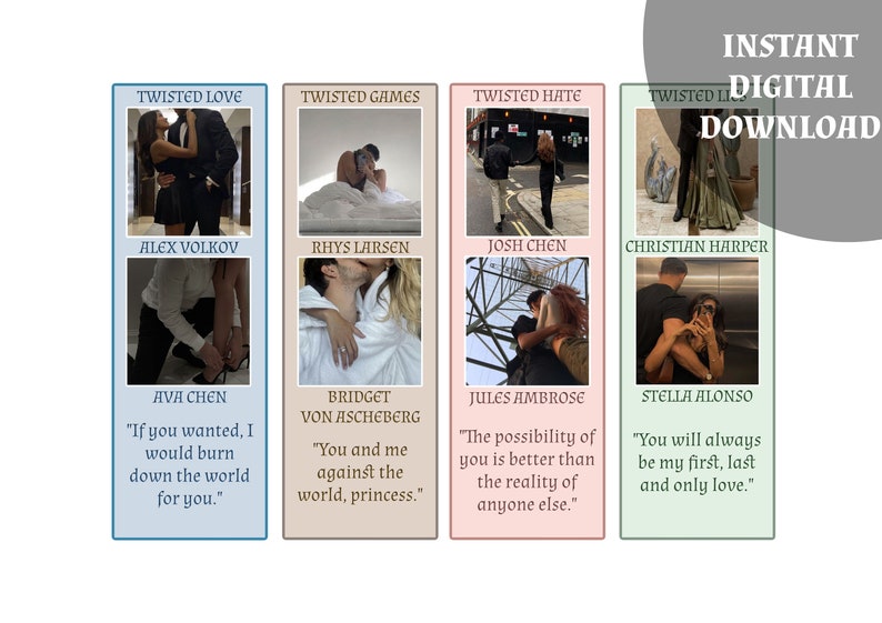 Puede incluir: Un gr&aacute;fico de descarga digital con cuatro portadas de libros con temas rom&aacute;nticos. Cada portada muestra una foto de una pareja y el t&iacute;tulo del libro. Los t&iacute;tulos son "Twisted Love", "Twisted Games", "Twisted Hate" y "Twisted Lies". Cada portada incluye una cita.