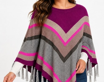 Rebecca Taylor Cashmere Wool Fringe Poncho OS Pink Chevron Stripe NWT