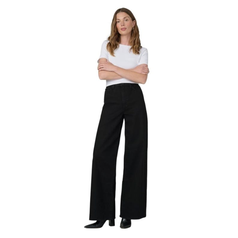 May include: Black wide-leg pants with a high waist. The pants are paired with a white short-sleeve top. The model is standing with arms crossed.