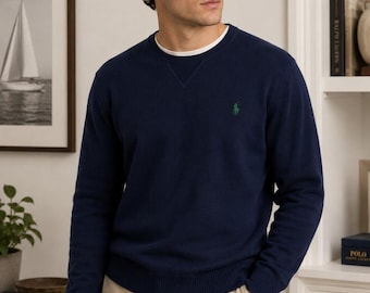 Polo Ralph Lauren heren marineblauwe katoenen trui met ronde hals en groen ponylogo, maat L