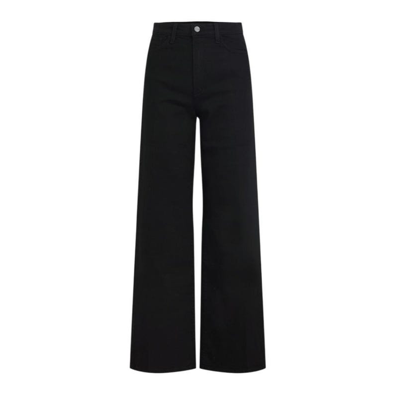 May include: A pair of black wide-leg jeans. The pants have a high waist and a button and zipper closure. The fabric appears to be a sturdy denim material. The jeans are a solid black color and have a classic five-pocket design.