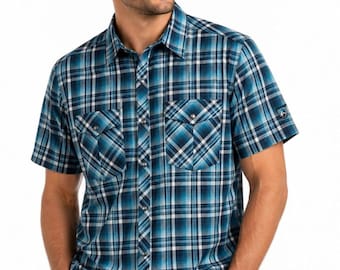 Camisa elástica a cuadros Kuhl Response SS Performance para hombre, talla pequeña, color azul, estilo western para exteriores.