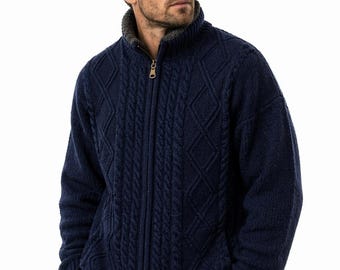 Aran Woollen Mills Irish Wool Zip Cardigan XL Navy Cable Knit Lined Sweater NWT