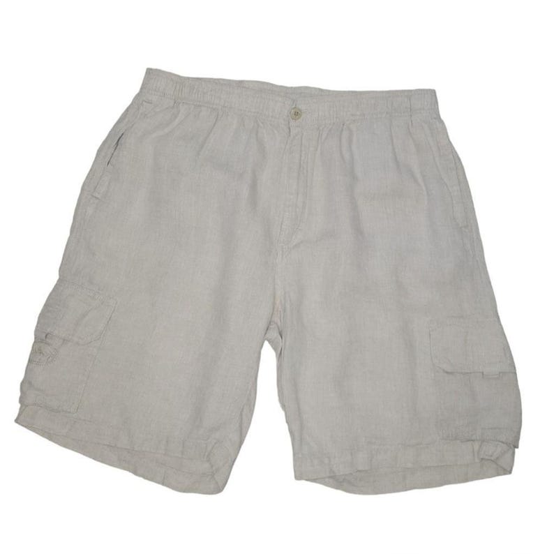 May include: Light beige cargo shorts made of a lightweight fabric. The shorts have an elastic waistband, a button closure, and two side pockets, along with two cargo pockets on the legs. The shorts are a neutral color.