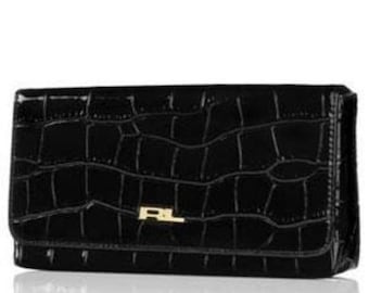 Ralph Lauren Croc-Embossed Black Clutch w/ Interior Mirror