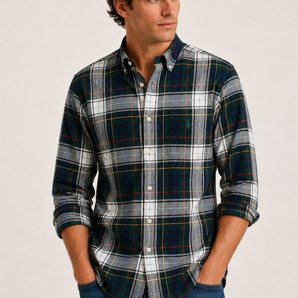 Ralph Lauren Plaid Button-Up Shirt Men’s Large Green Navy Red Cotton