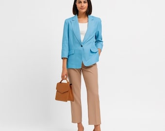 Talbots Petite Linen Organic Office Preppy City Formal Sky Blue Blazer Women's