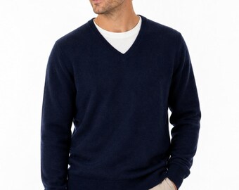 Men’s 100% Cashmere V-Neck Sweater Navy Soft Classic Minimalist Large