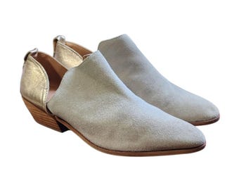 Frye & Co. Rubie Slip On Bootie Tan Suede Ankle With Gold Booties Boots - Womens