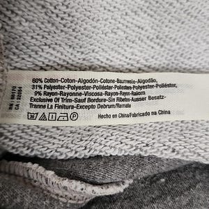 Op de afbeelding: Een close-up van een kledinglabel met tekst over de samenstelling van de stof: 60% katoen, 31% polyester en 9% rayon. Het label bevat ook wasvoorschriften en de tekst "Hecho en China/Fabricado na China."