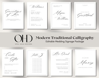 Modern Traditional Calligraphy | Digital Wedding Signage Package | Canva Digital Product | Editable Minimalist and Elegant Wedding Bundle