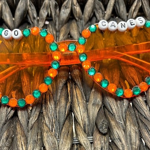 Miami Game Day Heart Glasses | University of Miami Sunglasses | Rhinestone Glasses | Go Canes