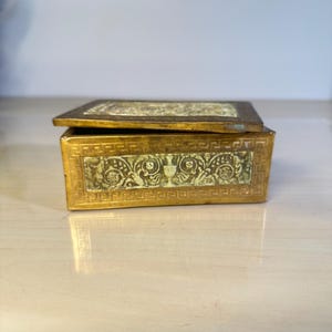 Antique Italian renaissance  jewelry box / trinket box gold brass ceramic metal