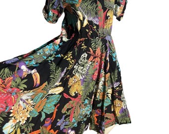 Vintage 80's jungle full circle dress M Amy Deb