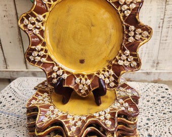 MacKenzie-Childs Mustard Wittika Applied Rose Petals Plates