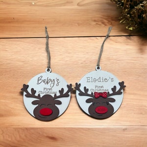 Personalized Baby’s first Christmas ornament -handmade - laser engraved- reindeer with bow- gifts for holiday - 2023 - holiday decor