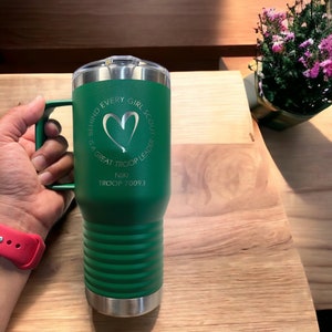 Personalized Girl Scout mug - custom engraved - trefoil - troop number - 20 oz travel mug - coffee cup - behind every girl scout - leader