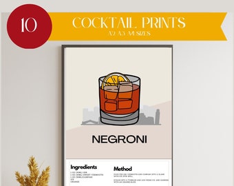 Classic Cocktails | A2 Retro Vintage Posters | Set of 10 - Gallery Wall Art | Digital Prints