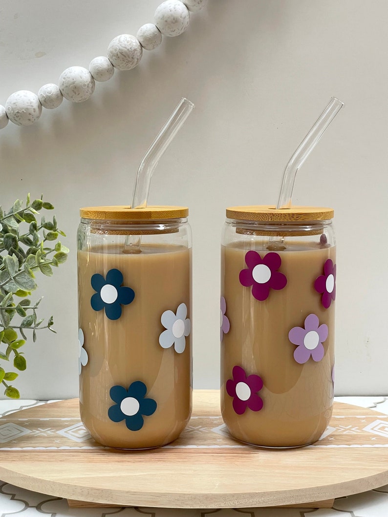 Retro Flower Glass Coffee Cup, Personalized Iced Coffee Cup With Lid ...