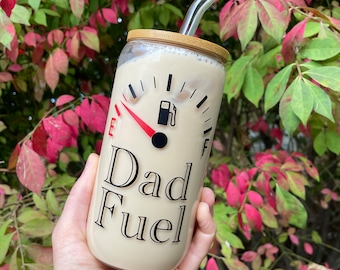 Dad Fuel glass coffee cup, iced coffee cup with lid and straw for Father, 16 oz glass tumbler, beer can glass, gift for Grandfather