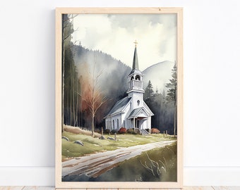 Tennessee Church Watercolor Painting Art Print Poster | House Decor Gift | Landscape Painting