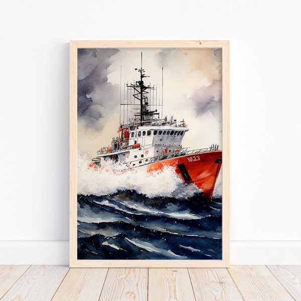 Coast Guard Boat On The Ocean Watercolor Painting Art Print Poster | House Decor Gift | Landscape Painting