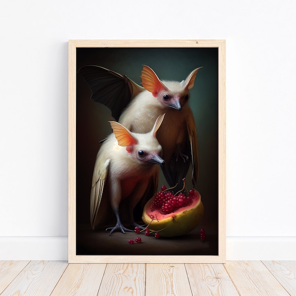 Moody Albino Fruit Bats Painting, Pomegranate Art, Dark Vibes, Dark Academia, Above Bed Decor, Man Cave, Gothic Antique, Office, Fantasy