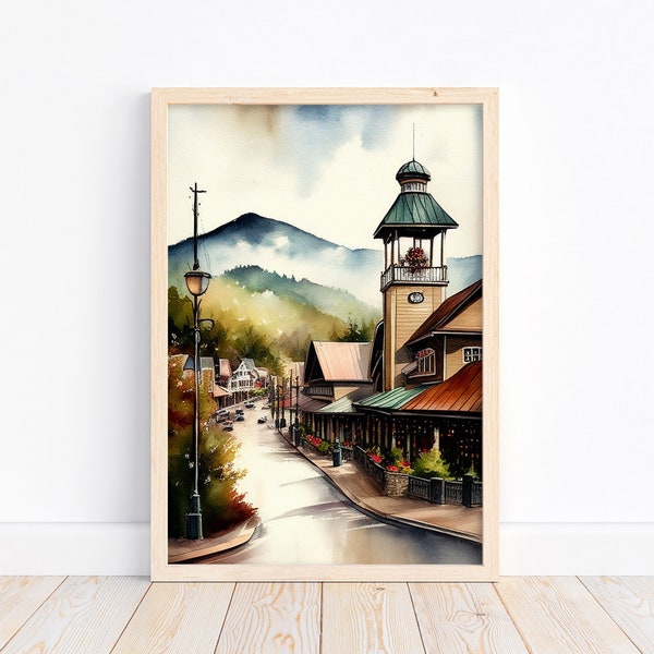 Gatlinburg Tennessee Watercolor Painting Art Print Poster | House Decor Gift | Landscape Painting