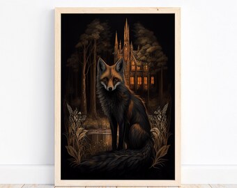 Moody Fox Oil Painting, Dark Vibes, Dark Academia, Above Bed Decor, Man Cave, Gothic Antique, Office, Fantasy House, Woods, Trees, Night