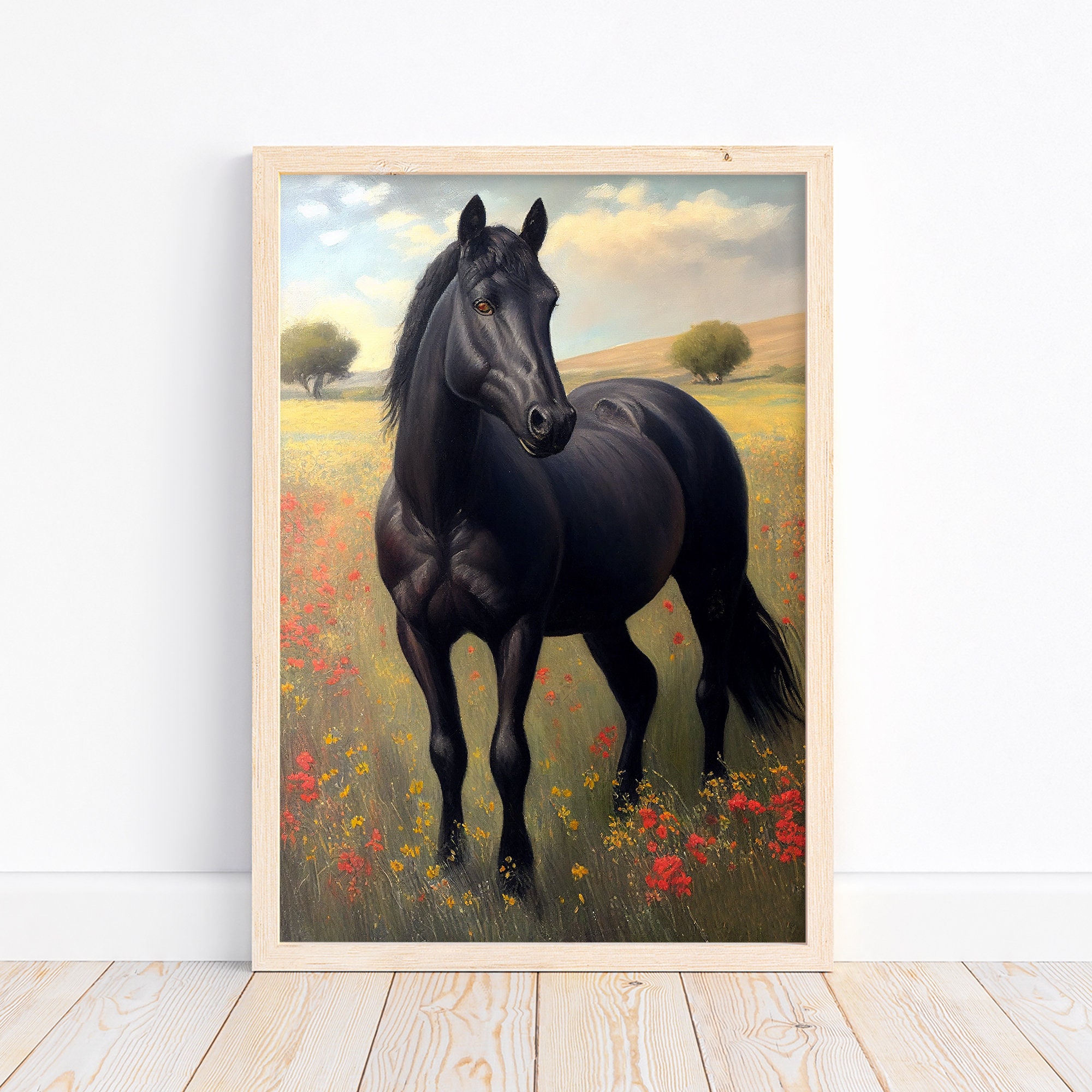 Vintage Black Horse Oil Painting Wildflowers Field Scenery Etsy