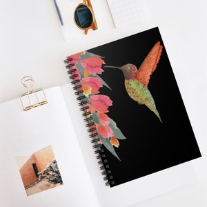 Spiral Notebook, Anna&#39;s Hummingbird-large floral cluster on black background from My Original Hand-Painted Watercolor, Diary, Journal