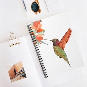 Spiral Notebook, Anna&#39;s Hummingbird-small floral cluster on white background from My Original Hand-Painted Watercolor, Diary, Journal