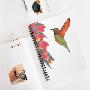 Spiral Notebook, Anna&#39;s Hummingbird-large floral cluster on white background from My Original Hand-Painted Watercolor, Diary, Journal