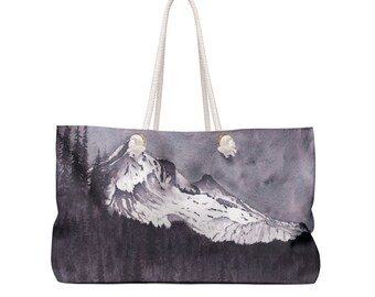 Weekender Bag with Rope Handles with MoonGlow Mt Hood from My Original Hand Painted Watercolor, 24x13x5"