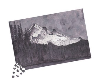 Puzzel, mijn originele handgeschilderde aquarel MoonGlow Mt Hood gedrukt op puzzel, cadeau voor moeder, cadeau voor vader