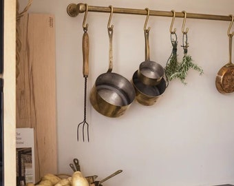 Aged unlacquered solid brass hanging pot and pan , brass hanging hook , kitchen hanging Rail , hanging hooks for kitchen , kitchen rack orga