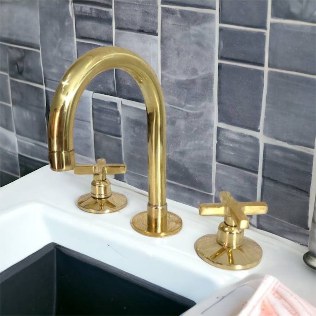 Bathroom Faucet Sink, 3 Hole Bathroom Faucet, Unlacquered Brass Vanity Faucet , Widespread ...