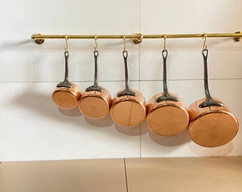 Handmade Solid Copper Pans Set of 5 Vintage Moroccan Copper Lightweight Graduated Pans Cast Iron Handles 12-20cm Set