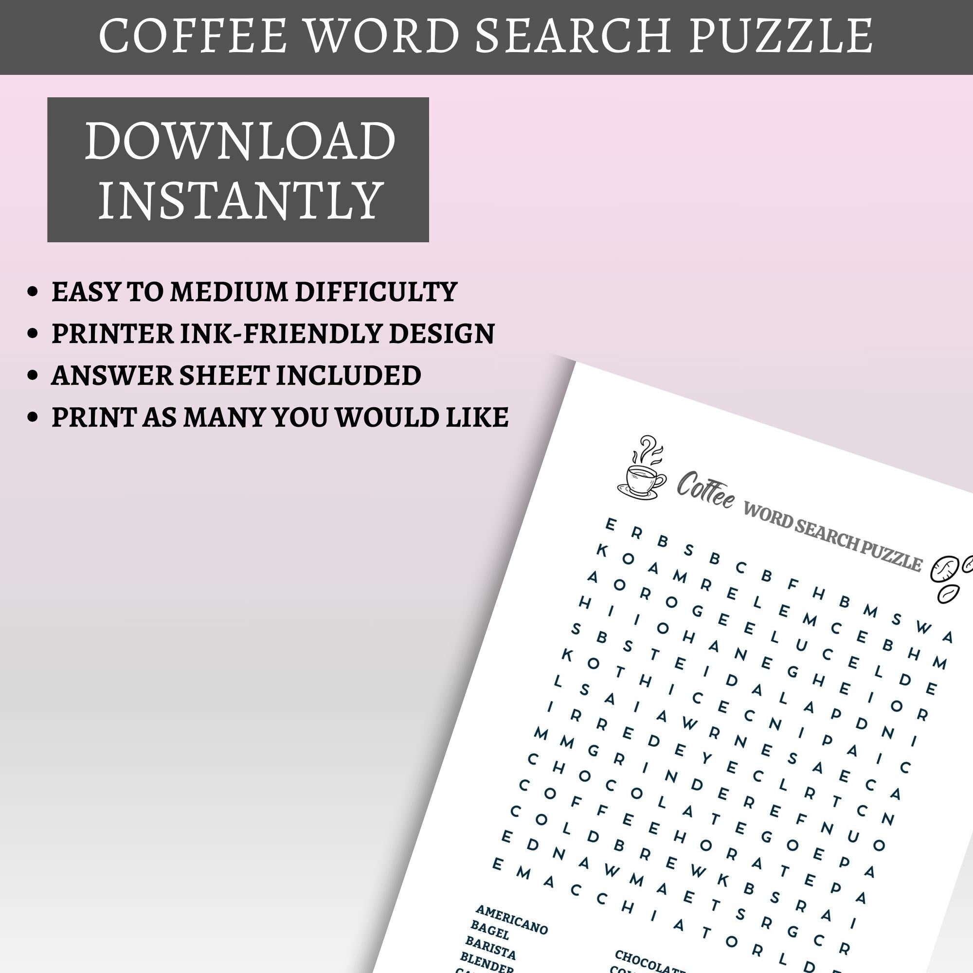 Coffee Word Search Puzzle, Word Search Puzzle Printable for Adults ...