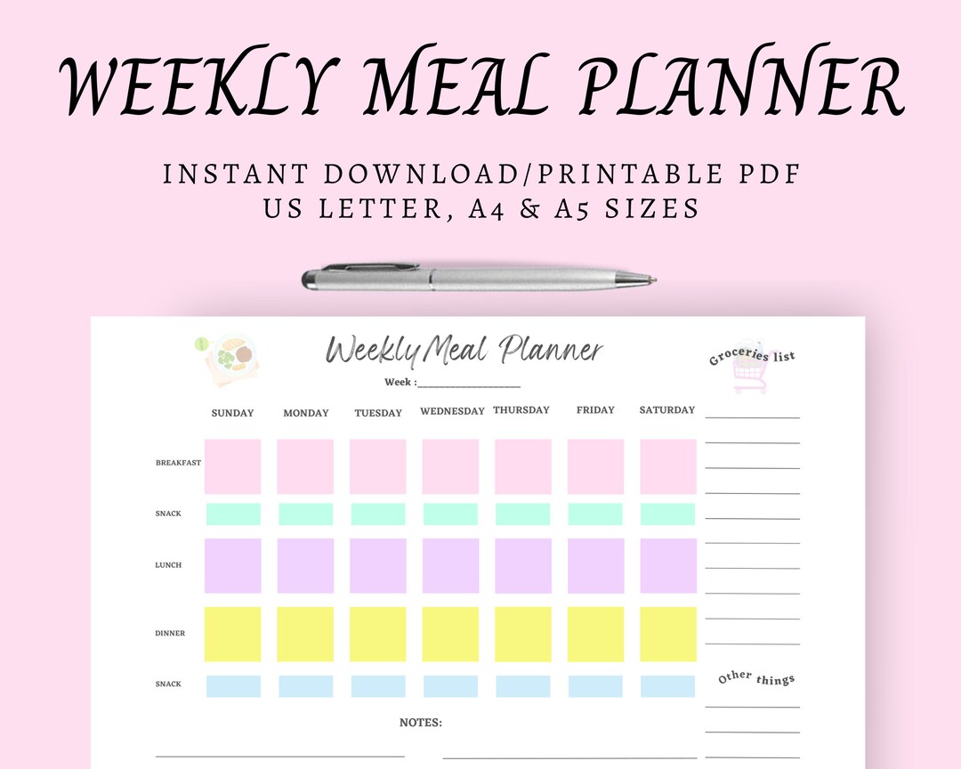 Meal Prep Printable Planner for a Week Menu Planner for 7 - Etsy