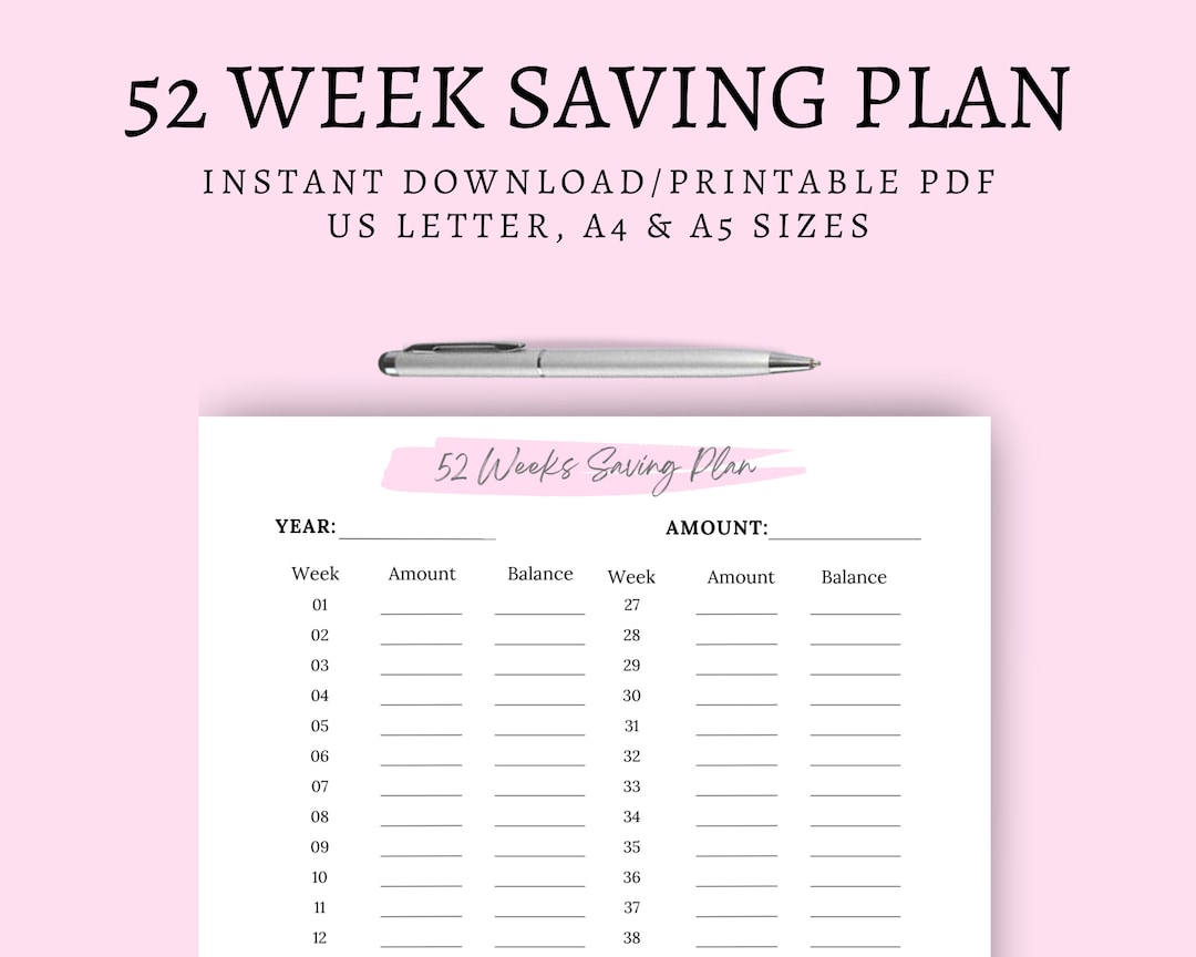52 Week Savings Challenge Printable Plan Yearly Saving - Etsy UK
