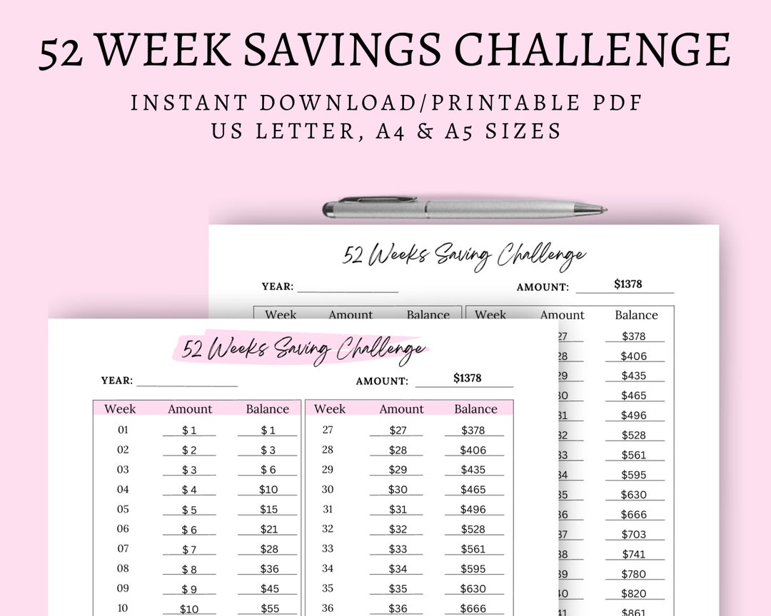 52 Week Challenge, 1 Dollar Weekly Savings Challenge, 1378 Dollars in 1 ...
