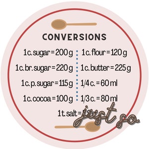 May include: A pink circle with a red border contains a list of baking conversions. The text reads "CONVERSIONS" and includes measurements for sugar, brown sugar, powdered sugar, flour, butter, cocoa, and salt. The text also includes measurements for 1/4 cup and 1/3 cup. A wooden spoon is pictured above the text and another wooden spoon is pictured below the text.