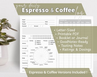 Ultimatives Kaffee-Espresso-Notizbuch, vollständiges Verkostungs- und Braujournal, druckbare PDF-Broschüre in Briefgröße, Goodnotes für Kaffeeliebhaber