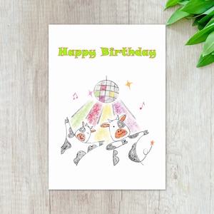 Tarjeta de cumpleaños de Happy Cows - Arte de dibujo con crayón - A6 - En blanco por dentro